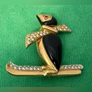Gold and Black Penguin Brooch with Rhinestones